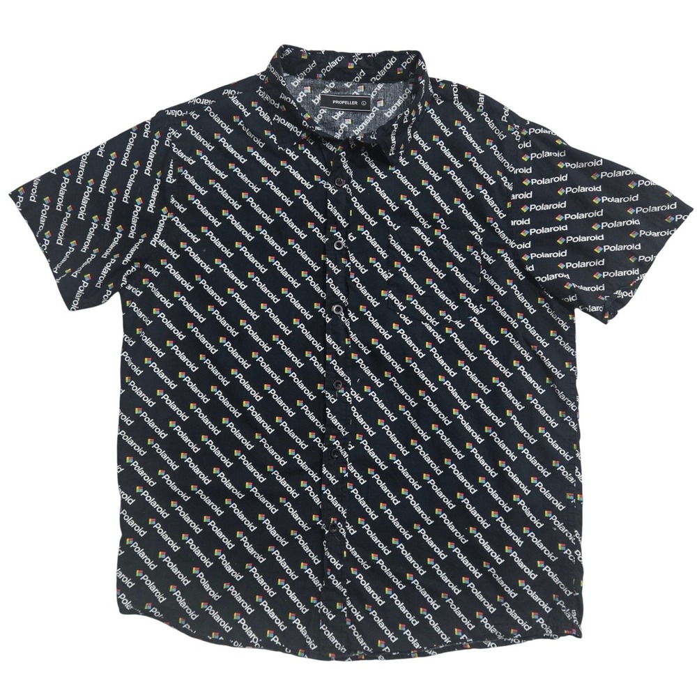 Propeller Polaroid Logo Print Short Sleeve Button Down Shirt Mens Large Black